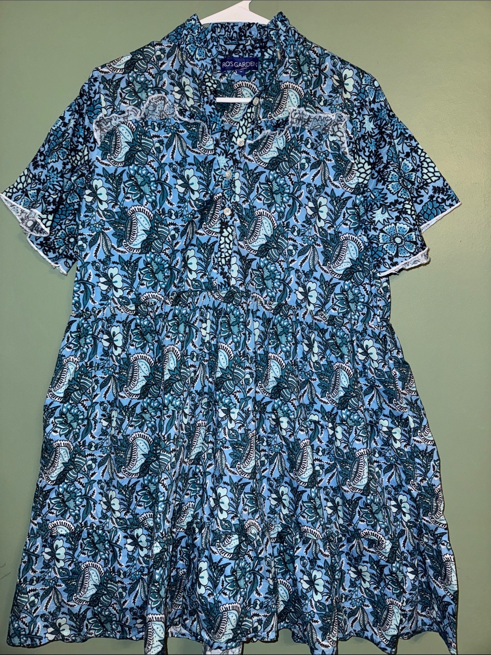 Ro’s Garden 100% Cotton Blue Block Print Short Sleeve Flutter Dress Medium
